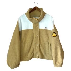 Hudson Bay HBC Stripes Beige Women's Faux Shearling Teddy Jacket Zip Up M